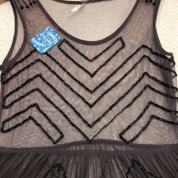 Free People Mini Slip Dress Sheer Scoop Full Beaded Sz XS Charcoal New With Tags - Picture 6 of 9